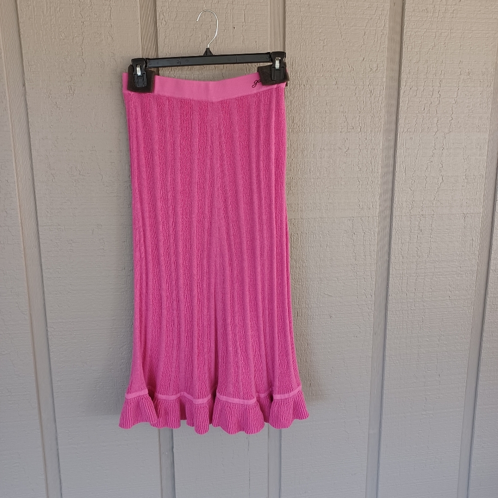 Ganni Ruffle Knit Midi Skirt Size M Women Preppy Linen Blend Pull On In Pink - Picture 2 of 15